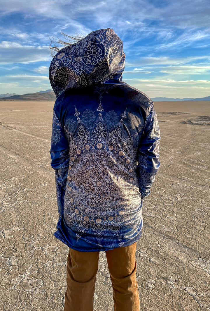 Radial Blue Persian Carpet Cuddle Cloak | Unisex Minky Sherpa Hooded Coat | Women and Mens Festival Coat | Mountain Fashion