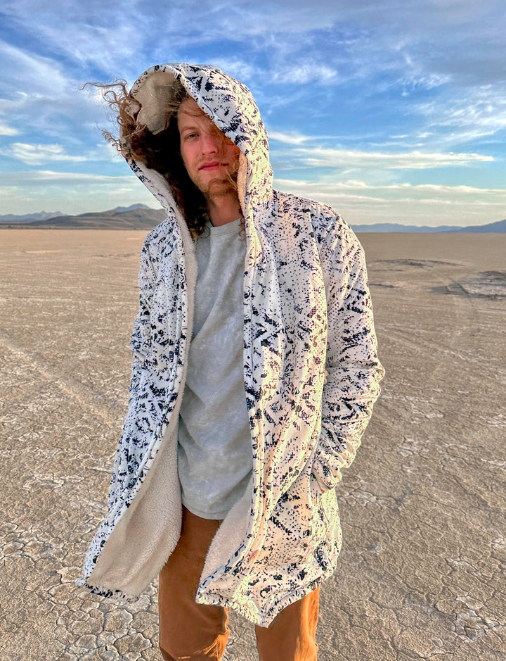 Tribal Fade Cuddle Cloak | Black, White | Unisex Minky Sherpa Hooded Coat | Women and Mens Festival Coat | Mountain Fashion