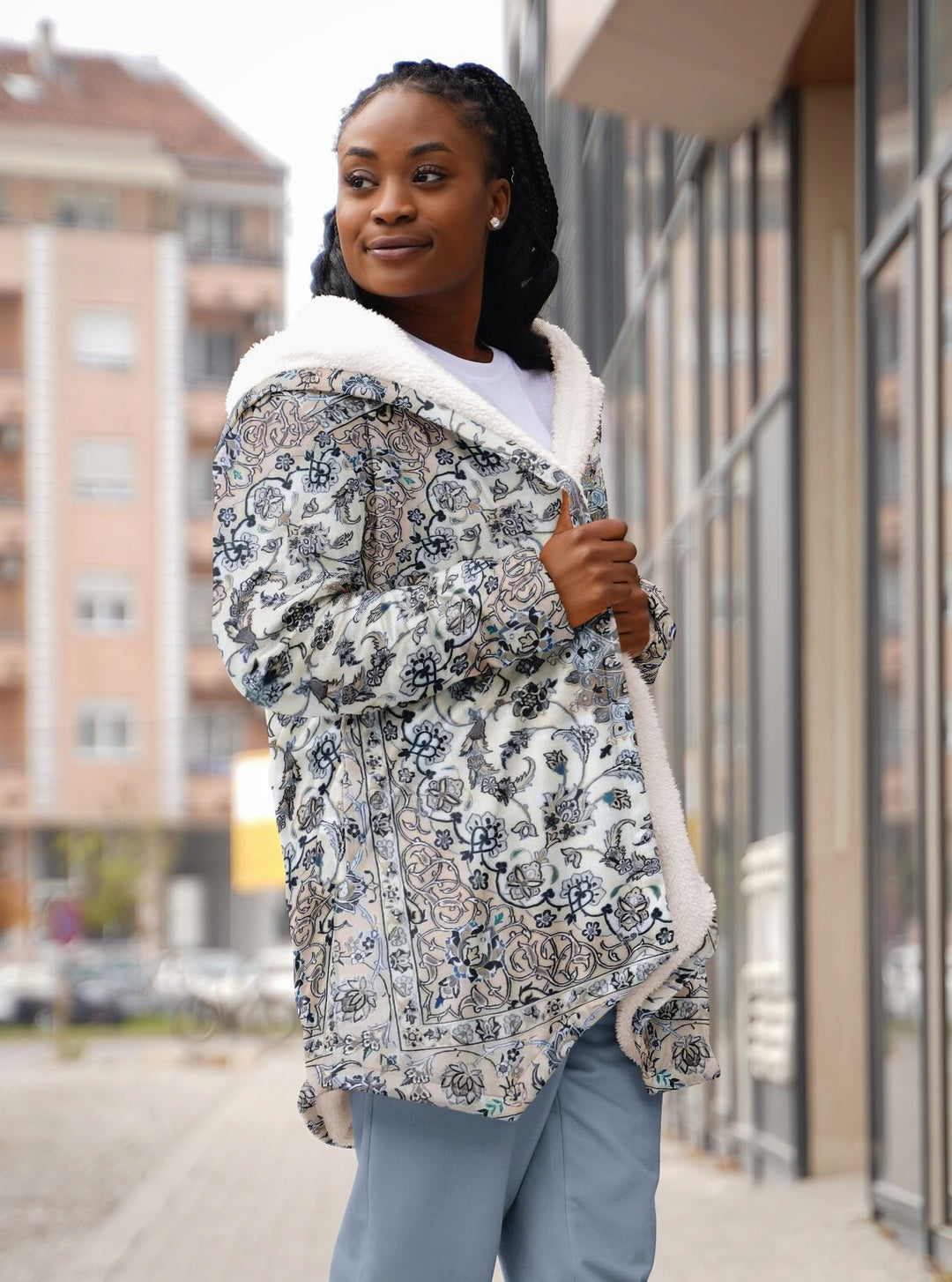 Classic Persian Carpet Cuddle Cloak | Nain, Cream and Soft Blue | Unisex Minky Sherpa Hooded Coat