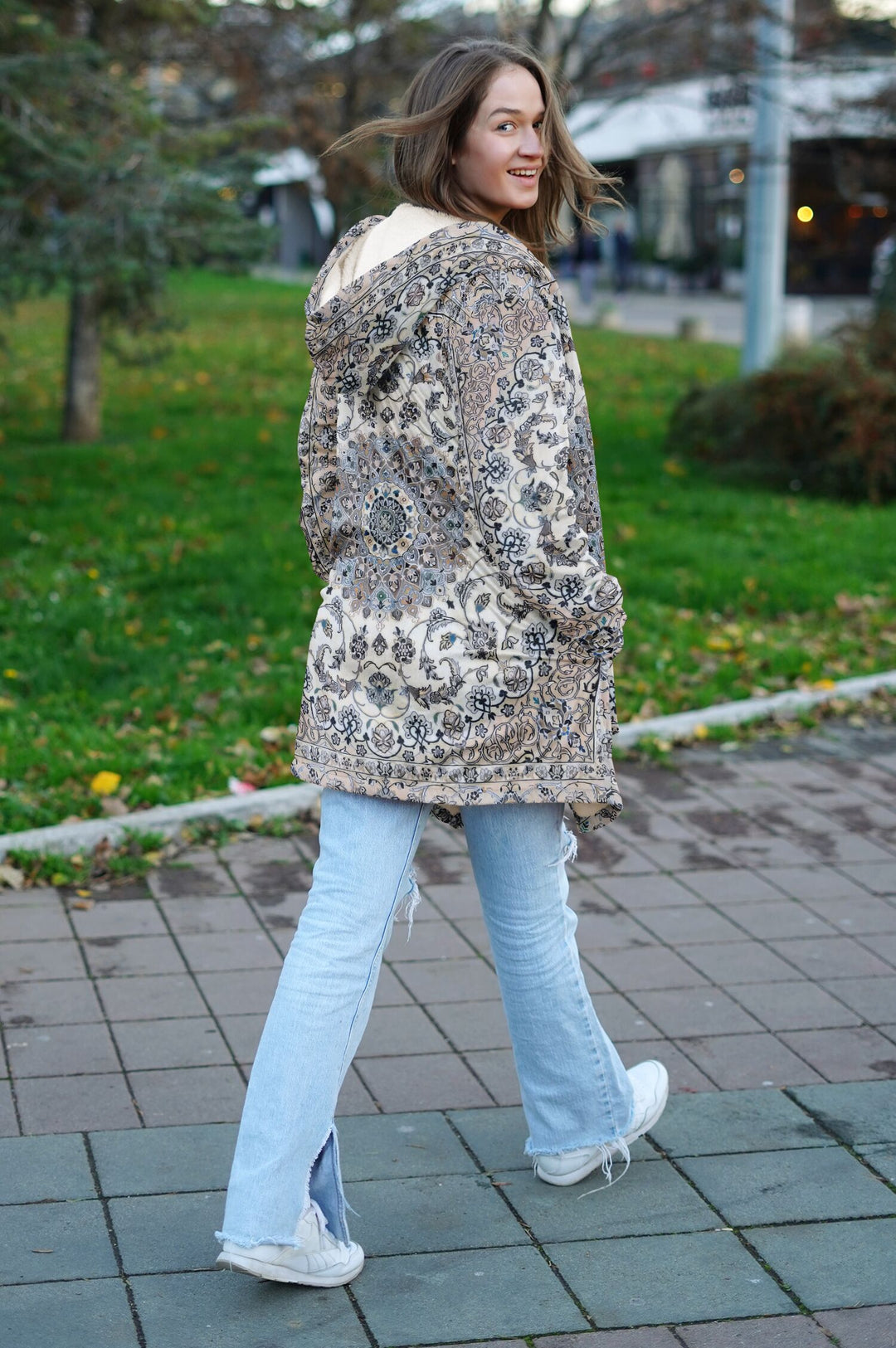 Classic Persian Carpet Cuddle Cloak | Nain, Cream and Soft Blue | Unisex Minky Sherpa Hooded Coat