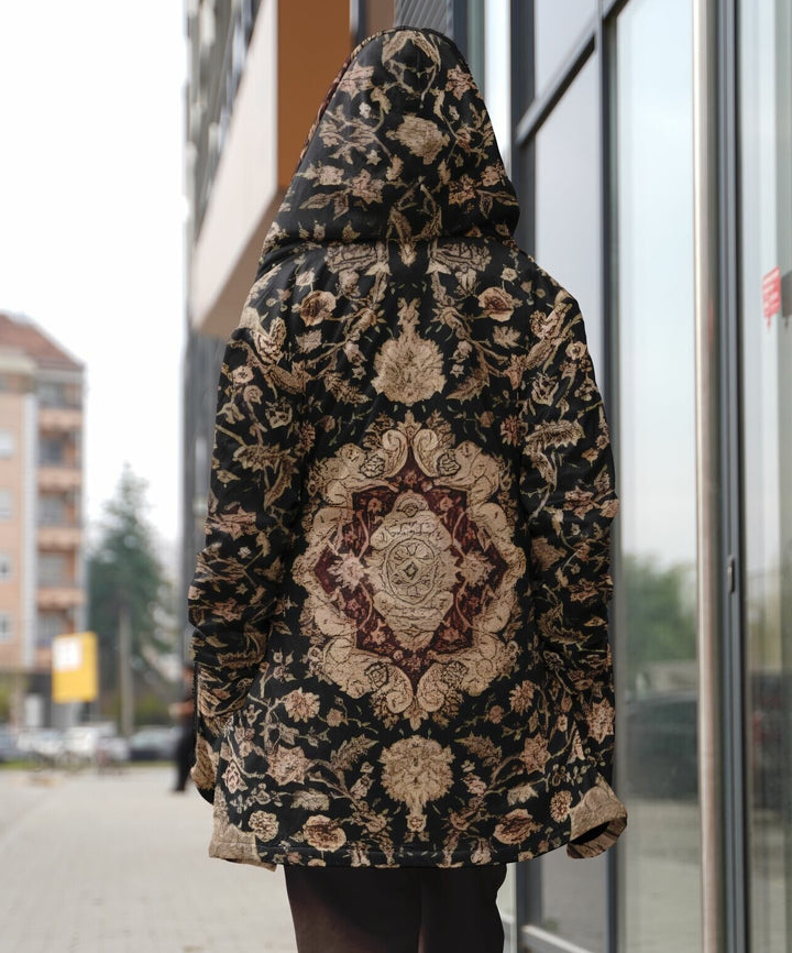 Black and Brown Persian Carpet Cuddle Cloak | Unisex Minky Sherpa Hooded Coat | Women and Mens Festival Coat | Mountain Fashion