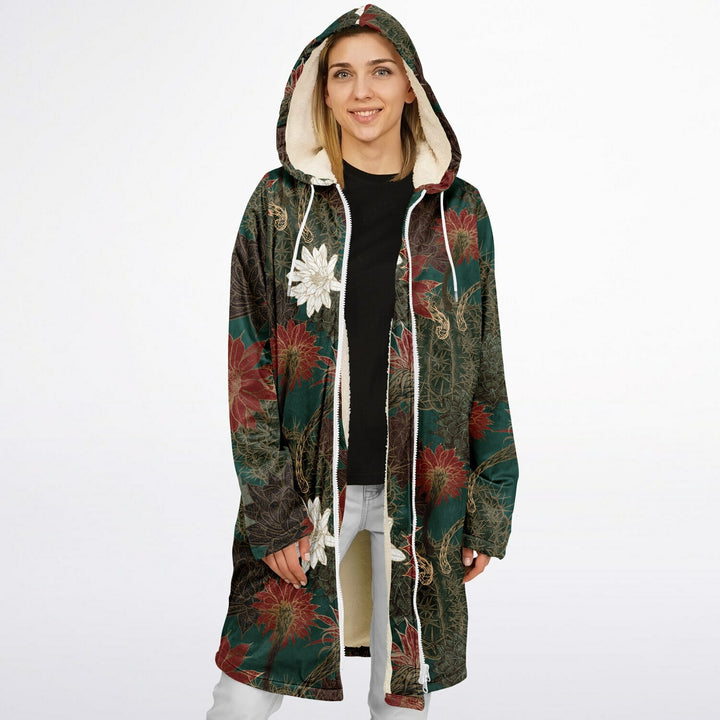 Desert Flowers Carpet Cuddle Coat | Green Red | Unisex Minky Sherpa Lined Coat with Hood, Zipper and Pockets