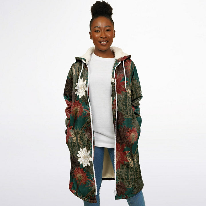 Desert Flowers Carpet Cuddle Coat | Green Red | Unisex Minky Sherpa Lined Coat with Hood, Zipper and Pockets