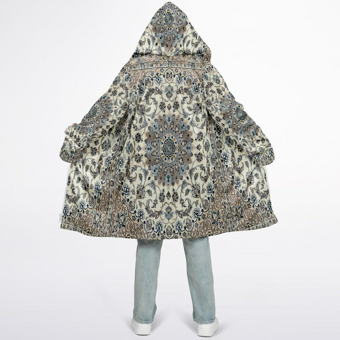 Classic Persian Carpet Cuddle Coat | Nain, Cream and Soft Blue | Unisex Minky Sherpa Lined Coat with Hood, Zipper and Pockets