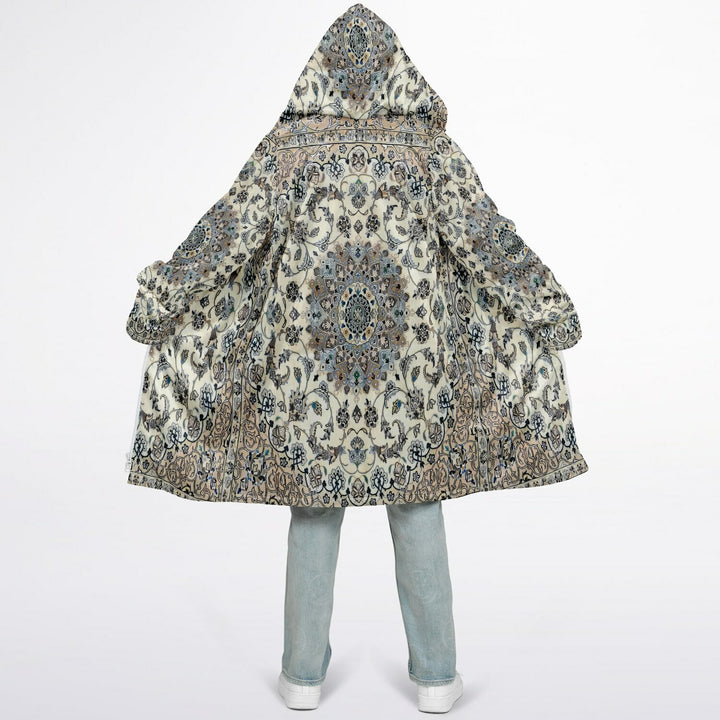 Classic Persian Carpet Cuddle Coat | Nain, Cream and Soft Blue | Unisex Minky Sherpa Lined Coat with Hood, Zipper and Pockets