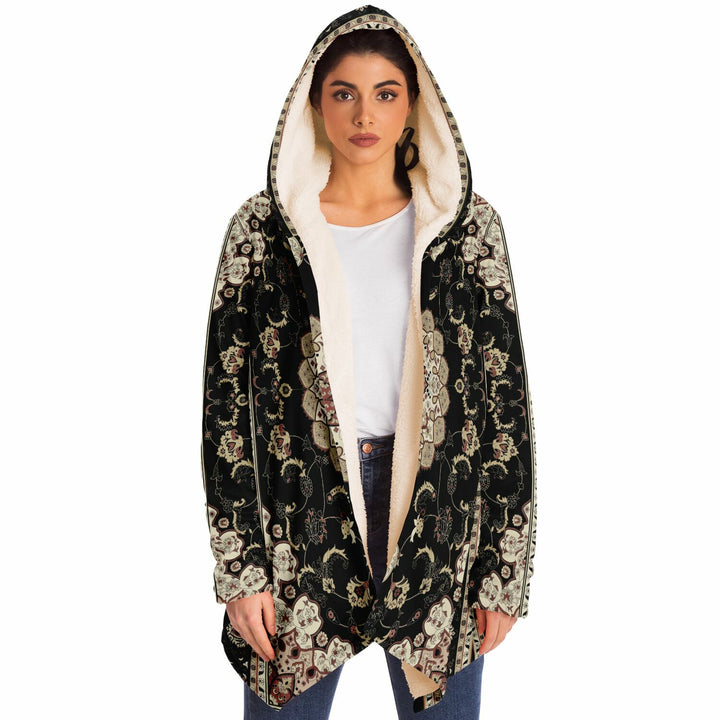 Classic Black Persian Carpet Cuddle Cloak | Unisex Minky Sherpa Lined Hooded Coat | Women and Mens Festival Coat | Mountain Fashion