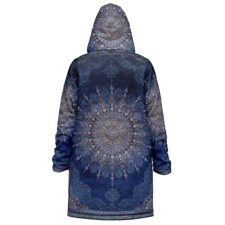 Radial Blue Persian Carpet Cuddle Coat | Unisex Minky Sherpa Lined Coat with Hood, Zipper and Pockets