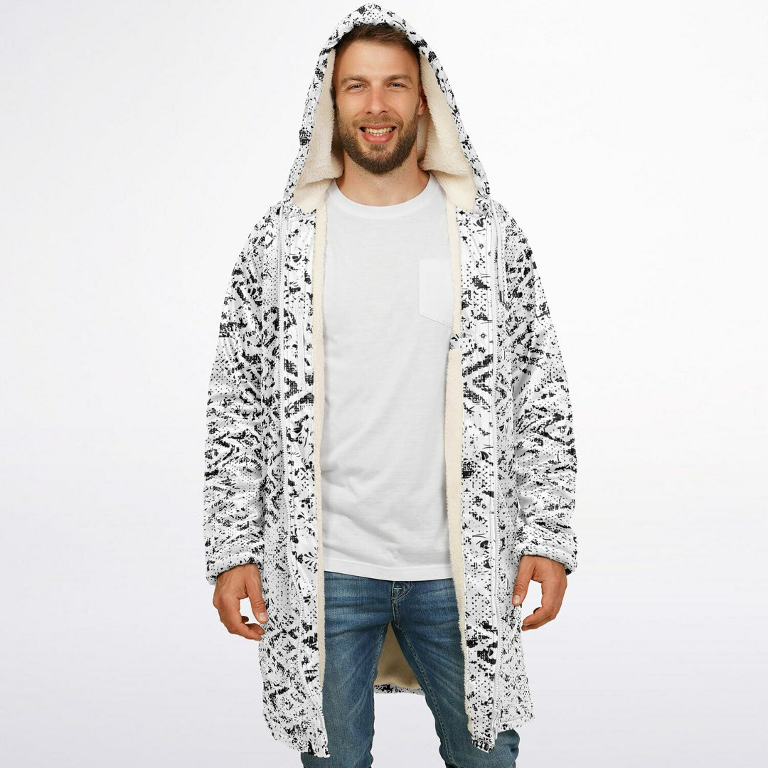 Tribal Fade Cuddle Coat |  Black White | Unisex Minky Sherpa Lined Coat with Hood, Zipper and Pockets