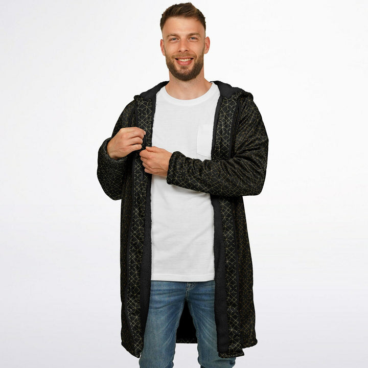 Black and Gold Sacred Geometry Flower Cuddle Coat | Unisex Minky Sherpa Lined Coat with Hood, Zipper and Pockets