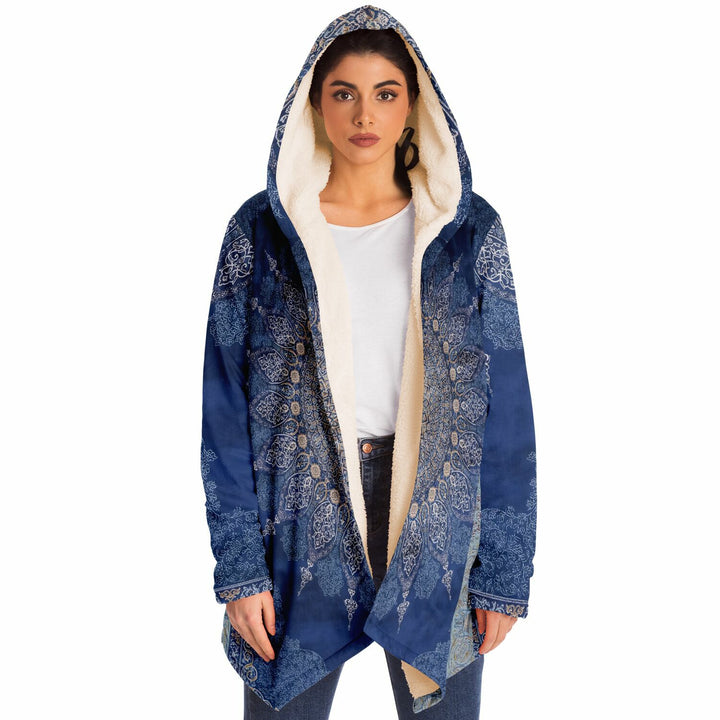 Radial Blue Persian Carpet Cuddle Cloak | Unisex Minky Sherpa Hooded Coat | Women and Mens Festival Coat | Mountain Fashion