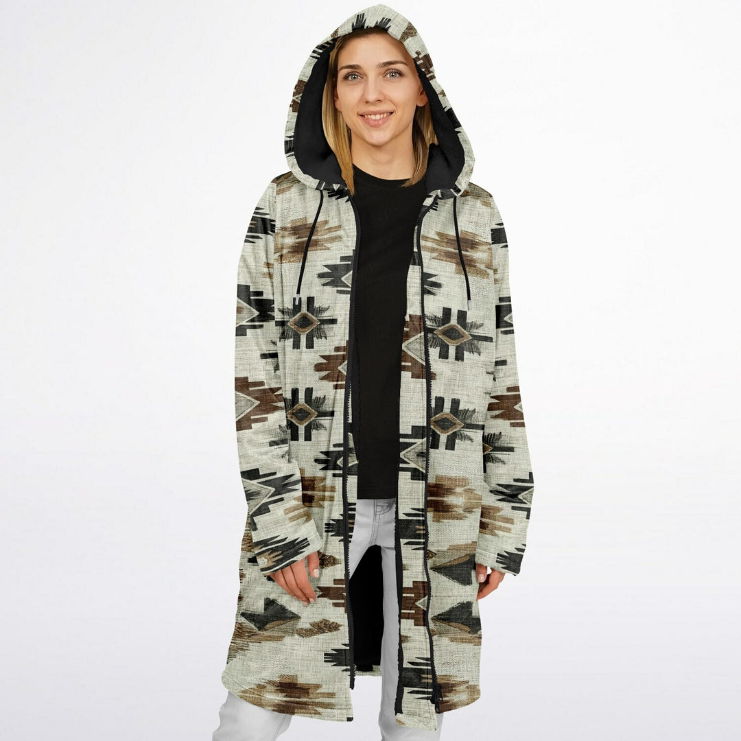 Ganado Tribal Cuddle Coat | Unisex Minky Sherpa Lined Coat with Hood, Zipper and Pockets | Women and Mens Festival Coat | Mountain Fashion