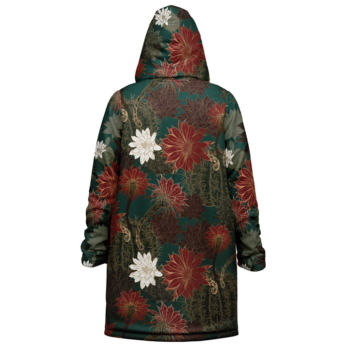 Desert Flowers Carpet Cuddle Coat | Green Red | Unisex Minky Sherpa Lined Coat with Hood, Zipper and Pockets