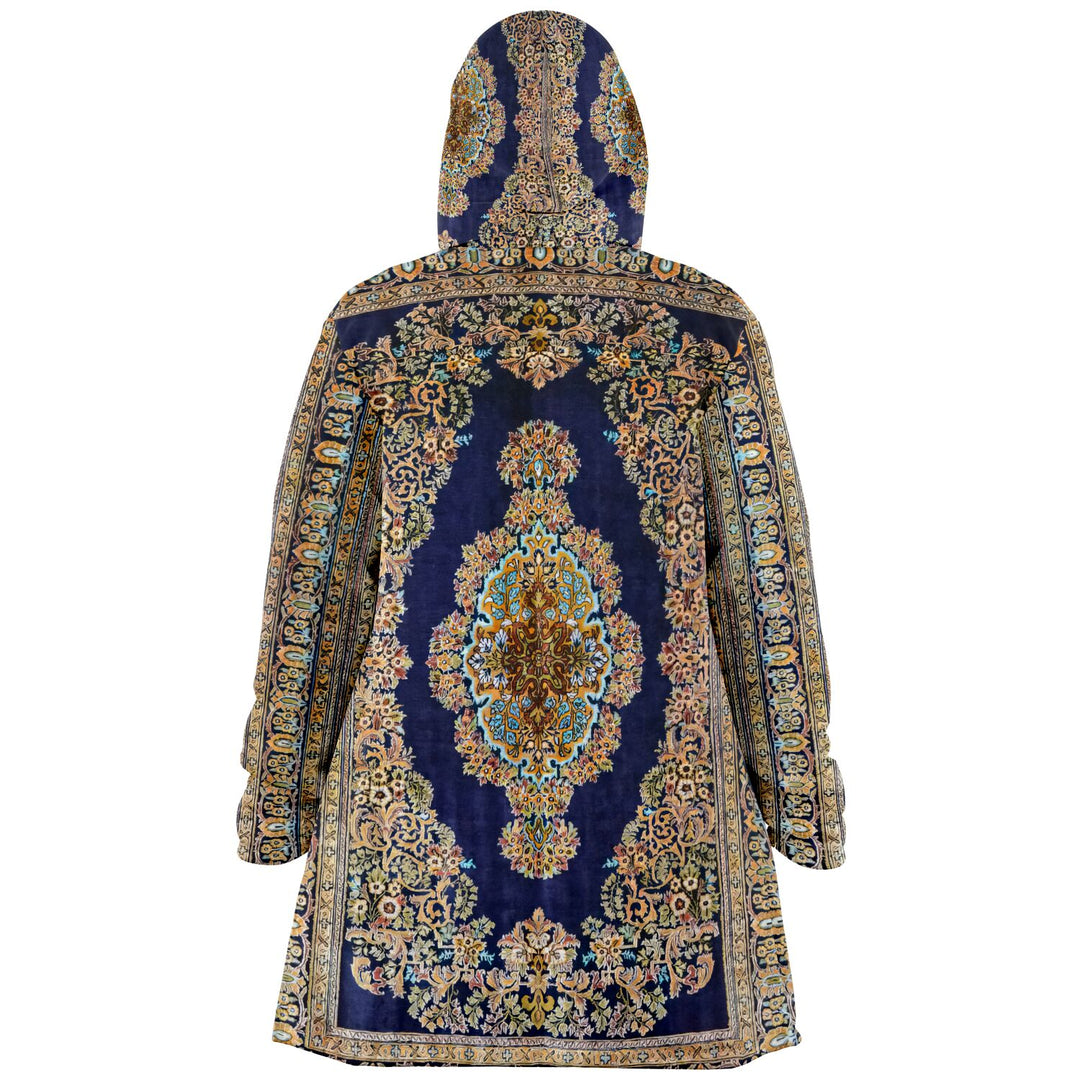 Classic Persian Carpet Cuddle Cloak | Qom, Blue and Gold | Unisex Minky Sherpa Hooded Coat | Women and Mens Festival Coat | Mountain Fashion