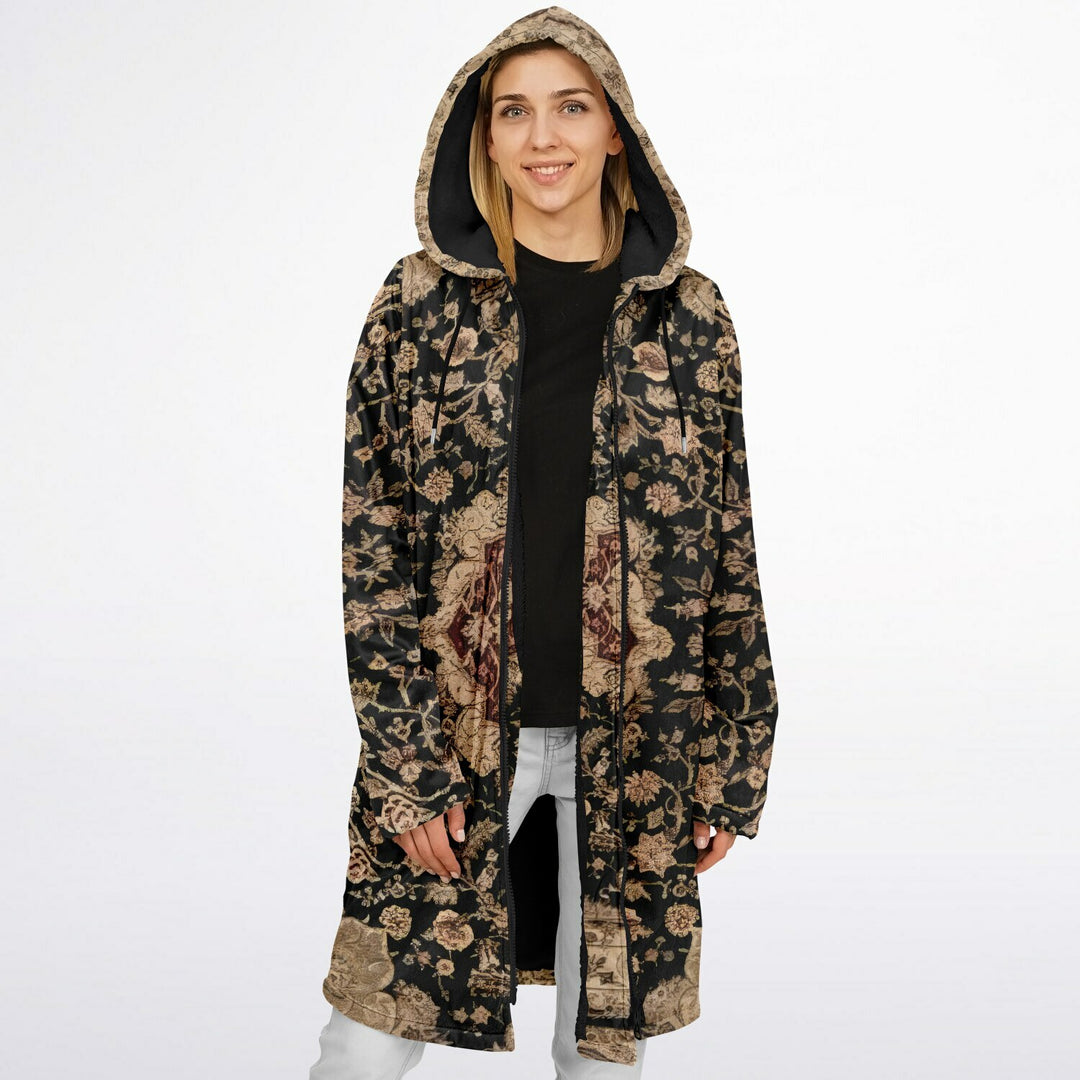 Black and Brown Persian Carpet Cuddle Coat | Unisex Minky Sherpa Lined Coat with Hood, Zipper and Pockets