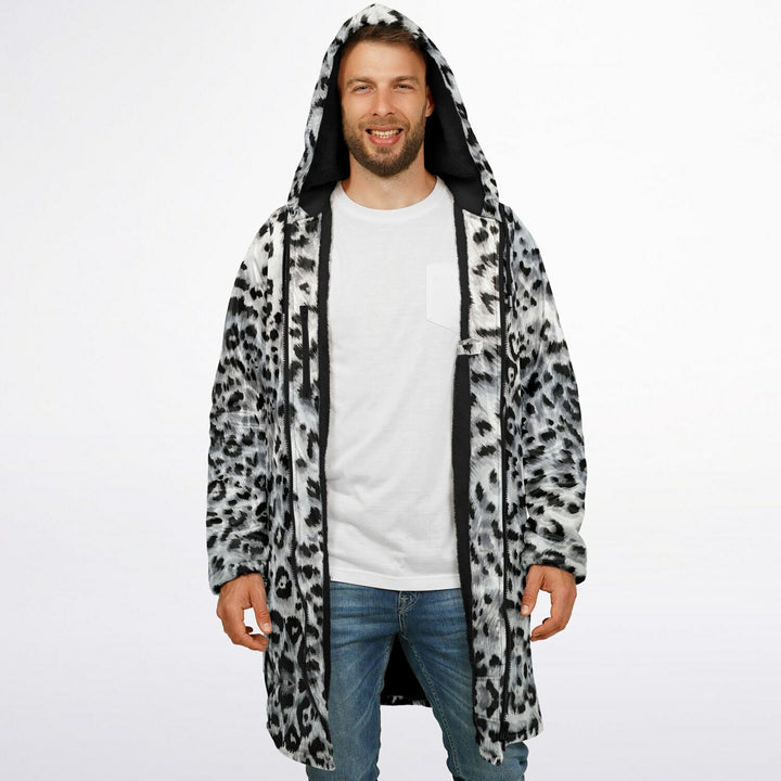 Snow Leopard Cuddle Coat | Unisex Minky Sherpa Lined Coat with Hood, Zipper and Pockets | Women and Mens Festival Coat | Mountain Fashion