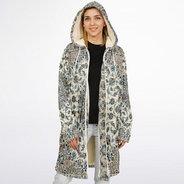 Classic Persian Carpet Cuddle Coat | Nain, Cream and Soft Blue | Unisex Minky Sherpa Lined Coat with Hood, Zipper and Pockets