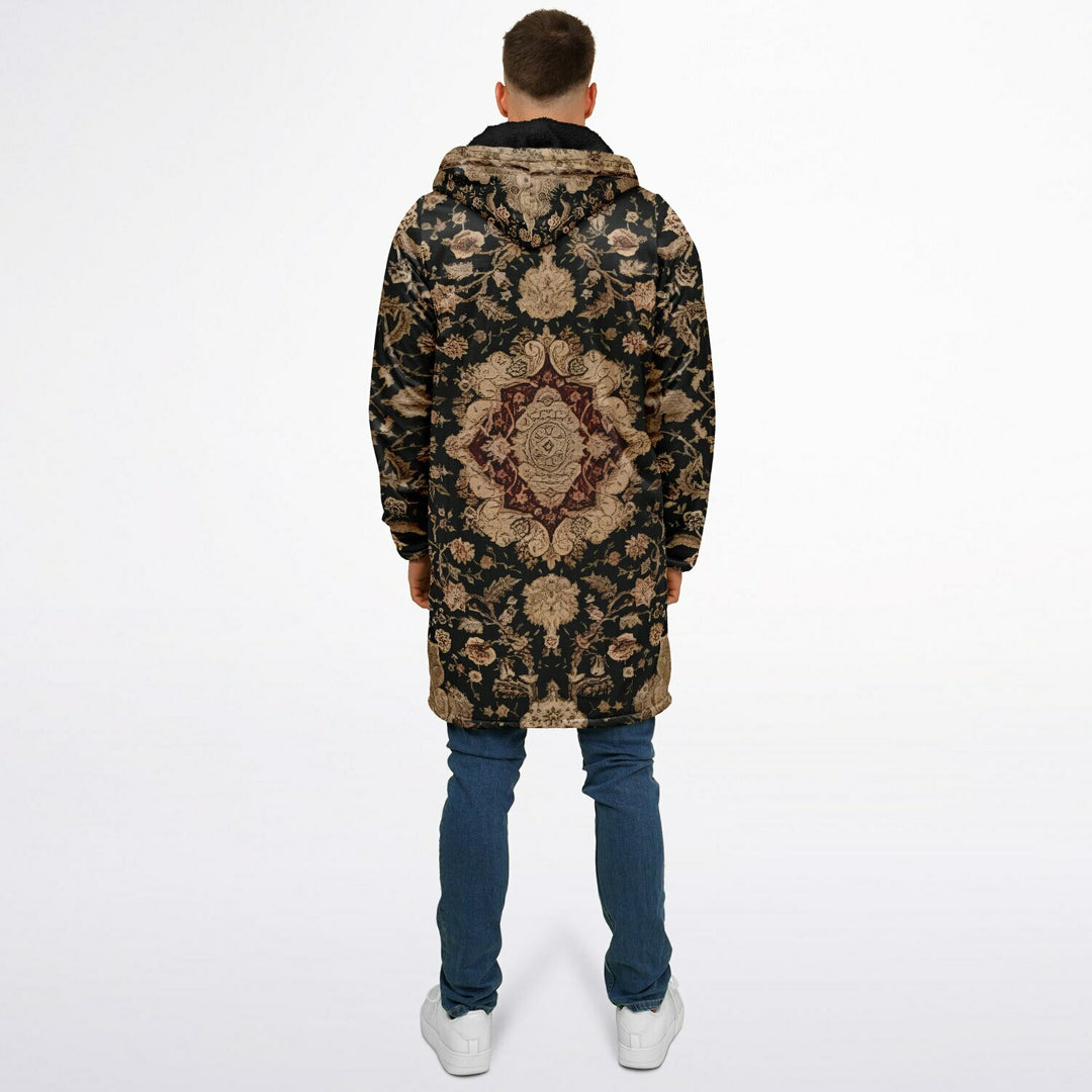 Black and Brown Persian Carpet Cuddle Coat | Unisex Minky Sherpa Lined Coat with Hood, Zipper and Pockets