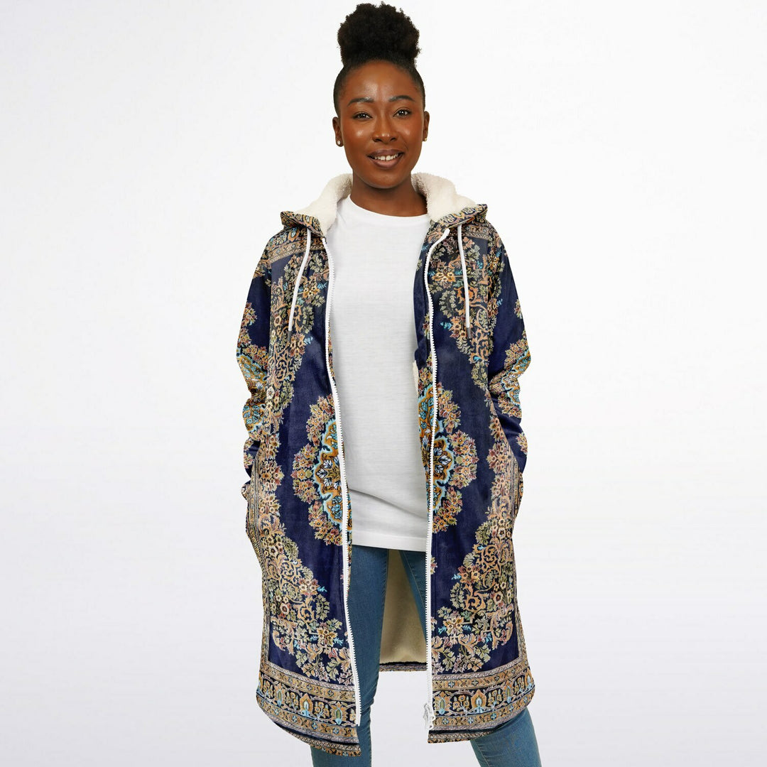 Classic Persian Cuddle Coat | Qom, Blue and Gold | Unisex Minky Sherpa Lined Coat with Hood, Zipper and Pockets