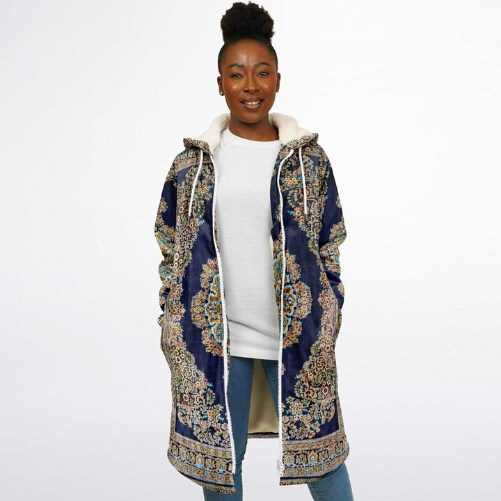 Classic Persian Cuddle Coat | Qom, Blue and Gold | Unisex Minky Sherpa Lined Coat with Hood, Zipper and Pockets