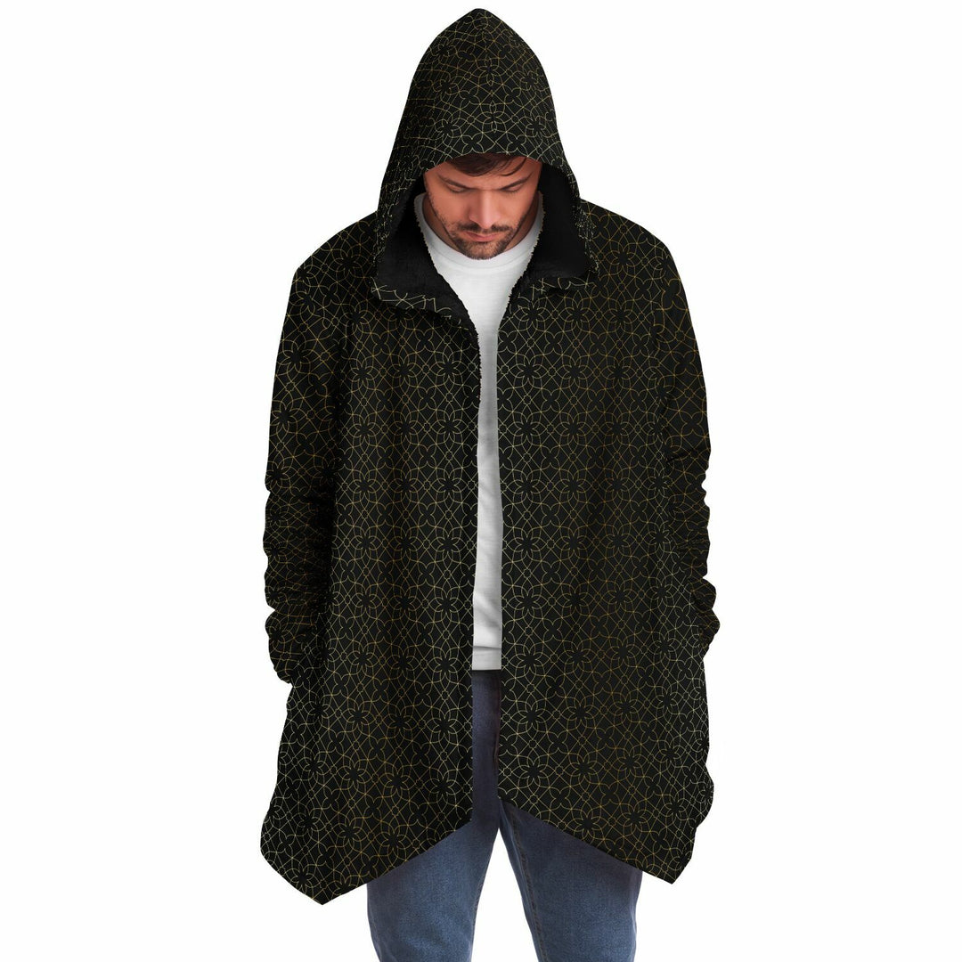 Black and Gold Sacred Geometry Flower Cuddle Cloak | Unisex Minky Sherpa Lined Hooded Coat