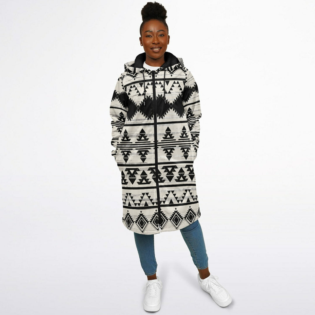 Hawk Eye Tribal Cuddle Coat | Unisex Minky Sherpa Lined Coat with Hood, Zipper and Pockets | Women and Mens Festival Coat | Mountain Fashion