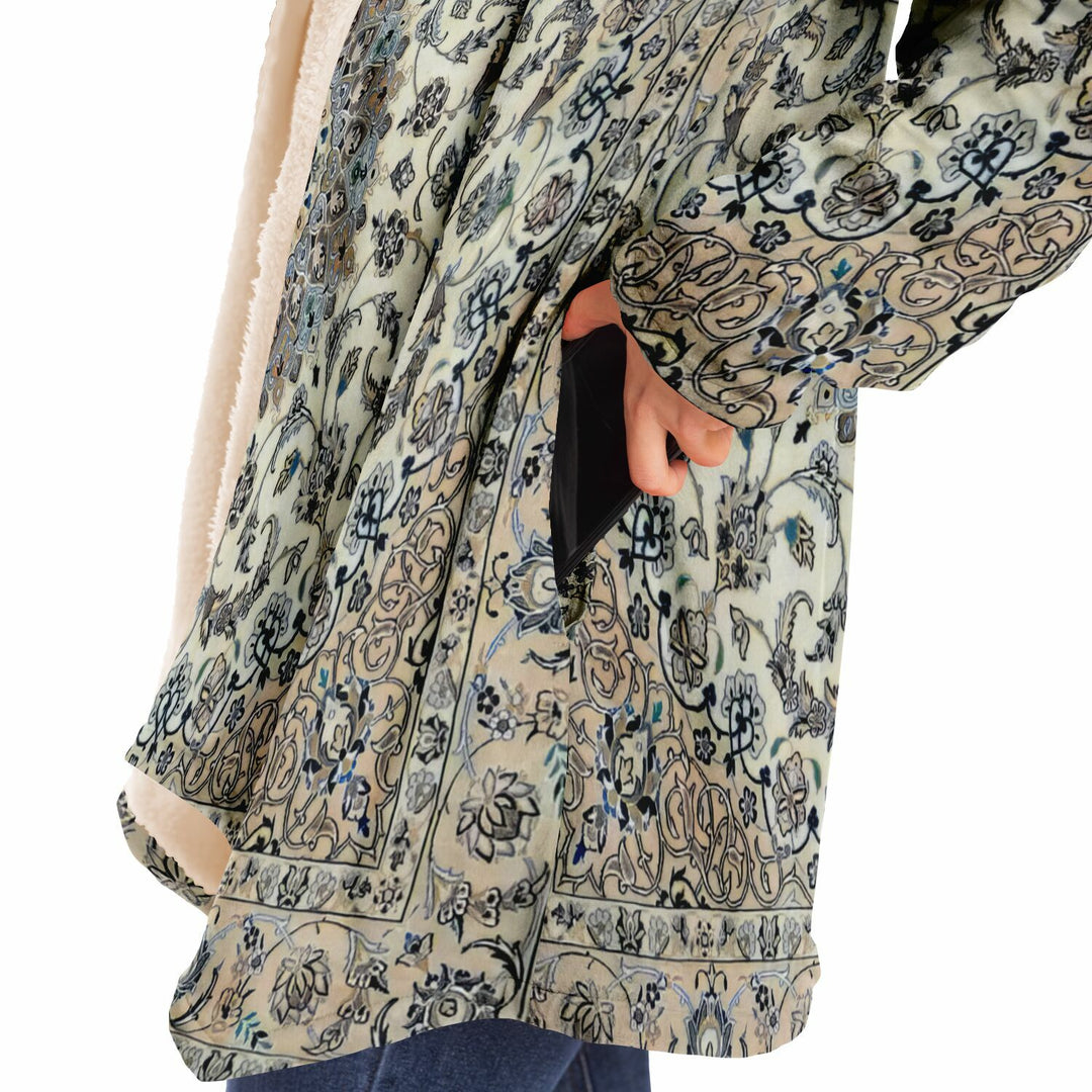 Classic Persian Carpet Cuddle Cloak | Nain, Cream and Soft Blue | Unisex Minky Sherpa Hooded Coat