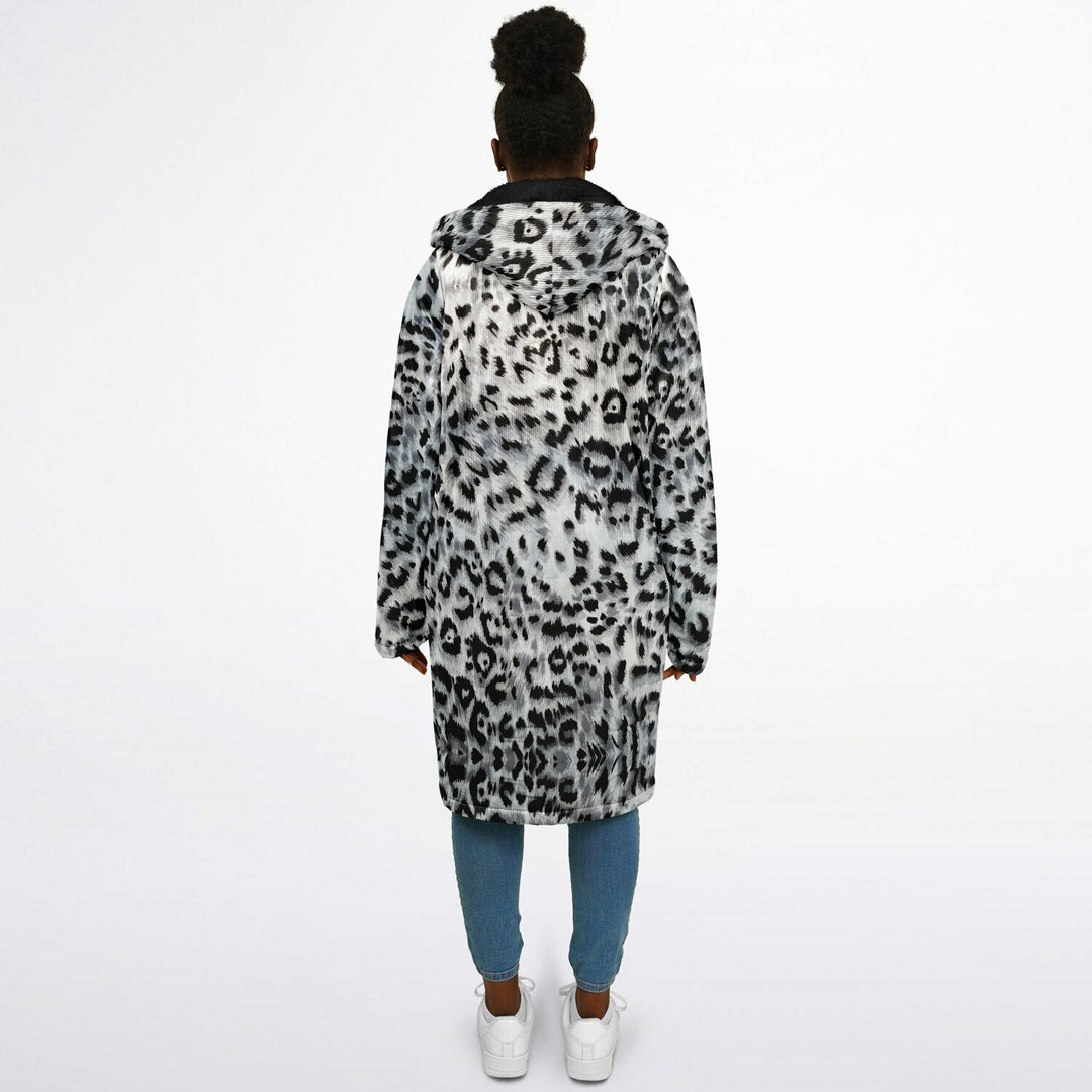 Snow Leopard Cuddle Coat | Unisex Minky Sherpa Lined Coat with Hood, Zipper and Pockets | Women and Mens Festival Coat | Mountain Fashion