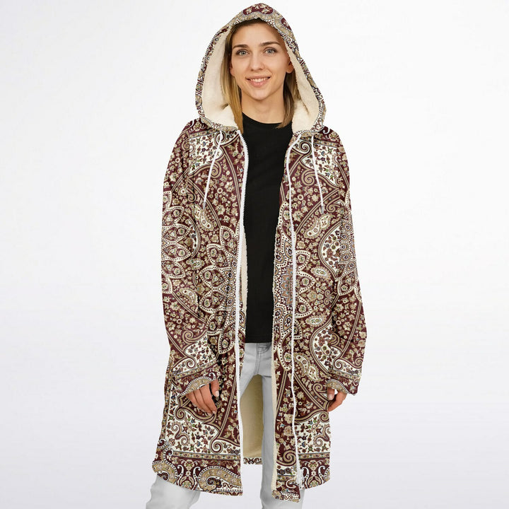 Classic Red Persian Carpet Cuddle Coat | Unisex Minky Sherpa Lined Coat with Hood, Zipper and Pockets