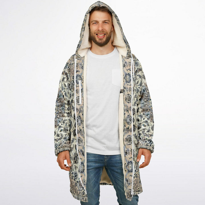 Classic Persian Carpet Cuddle Coat | Nain, Cream and Soft Blue | Unisex Minky Sherpa Lined Coat with Hood, Zipper and Pockets