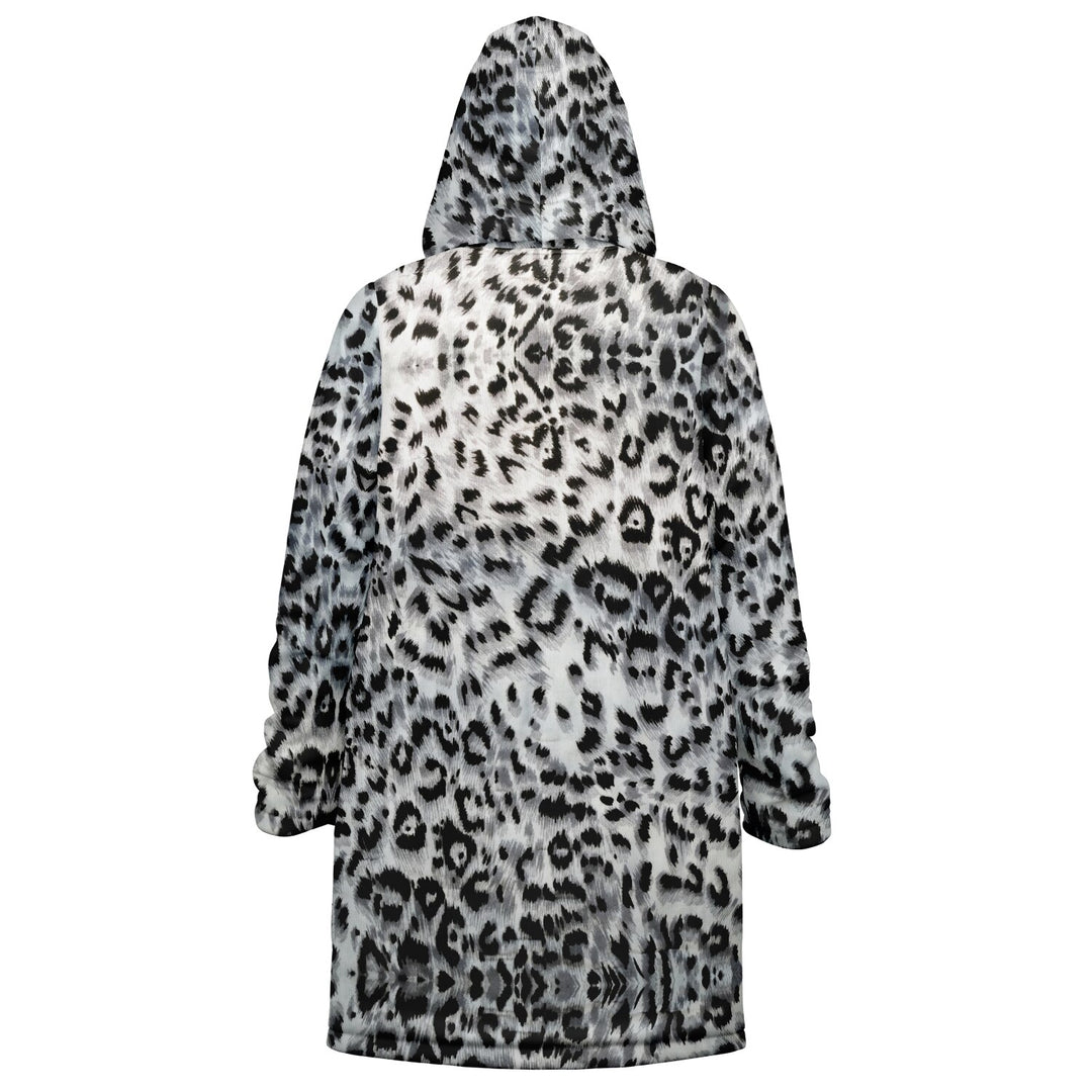 Snow Leopard Cuddle Coat | Unisex Minky Sherpa Lined Coat with Hood, Zipper and Pockets | Women and Mens Festival Coat | Mountain Fashion