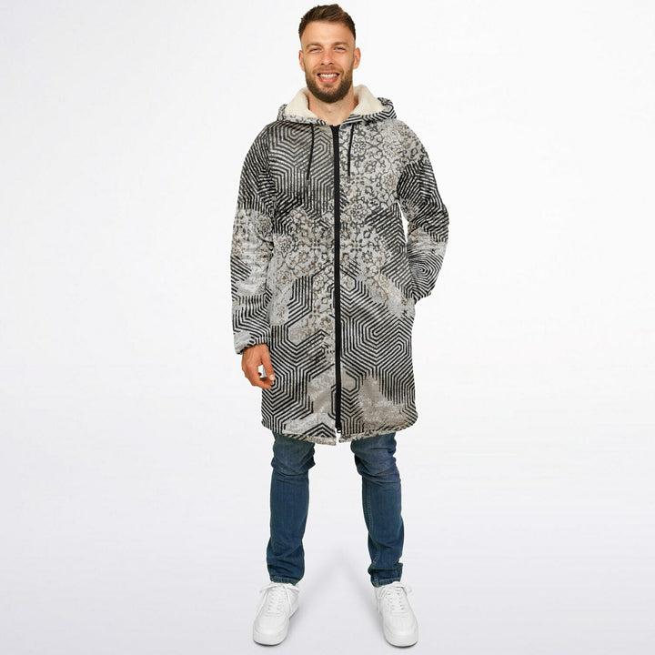 Past and Future Cuddle Coat | Unisex Minky Sherpa Lined Coat with Hood, Zipper and Pockets | Women and Mens Festival Coat | Mountain Fashion