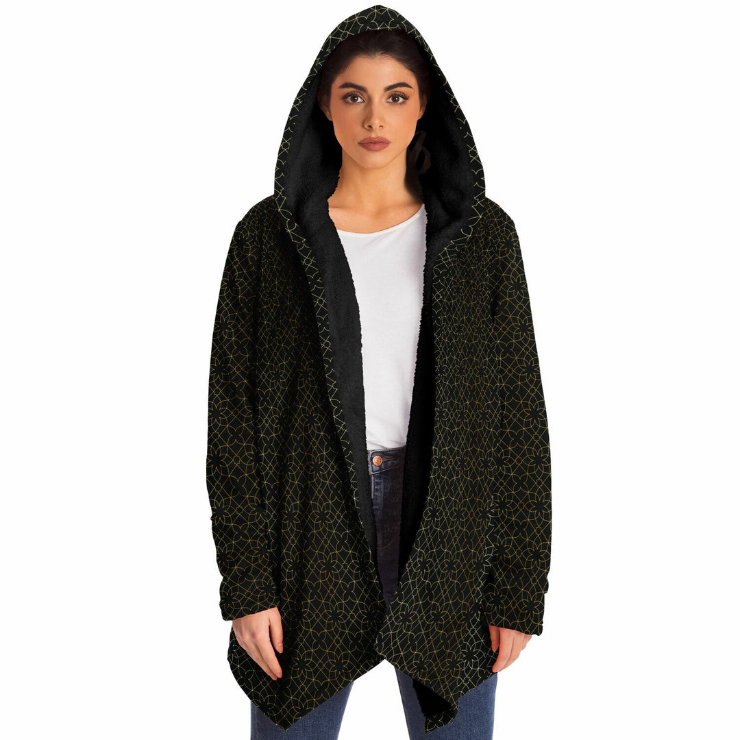 Black and Gold Sacred Geometry Flower Cuddle Cloak | Unisex Minky Sherpa Lined Hooded Coat