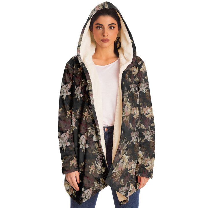 Floral Cuddle Cloak | Beige, Brown, Cream | Unisex Minky Sherpa Hooded Coat | Women and Mens Festival Coat | Mountain Fashion