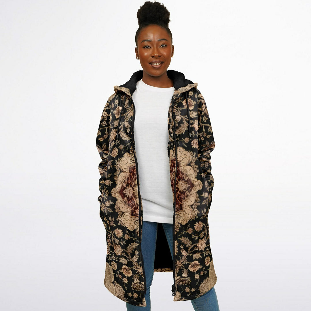 Black and Brown Persian Carpet Cuddle Coat | Unisex Minky Sherpa Lined Coat with Hood, Zipper and Pockets | Women and Mens Festival Coat | Mountain Fashion