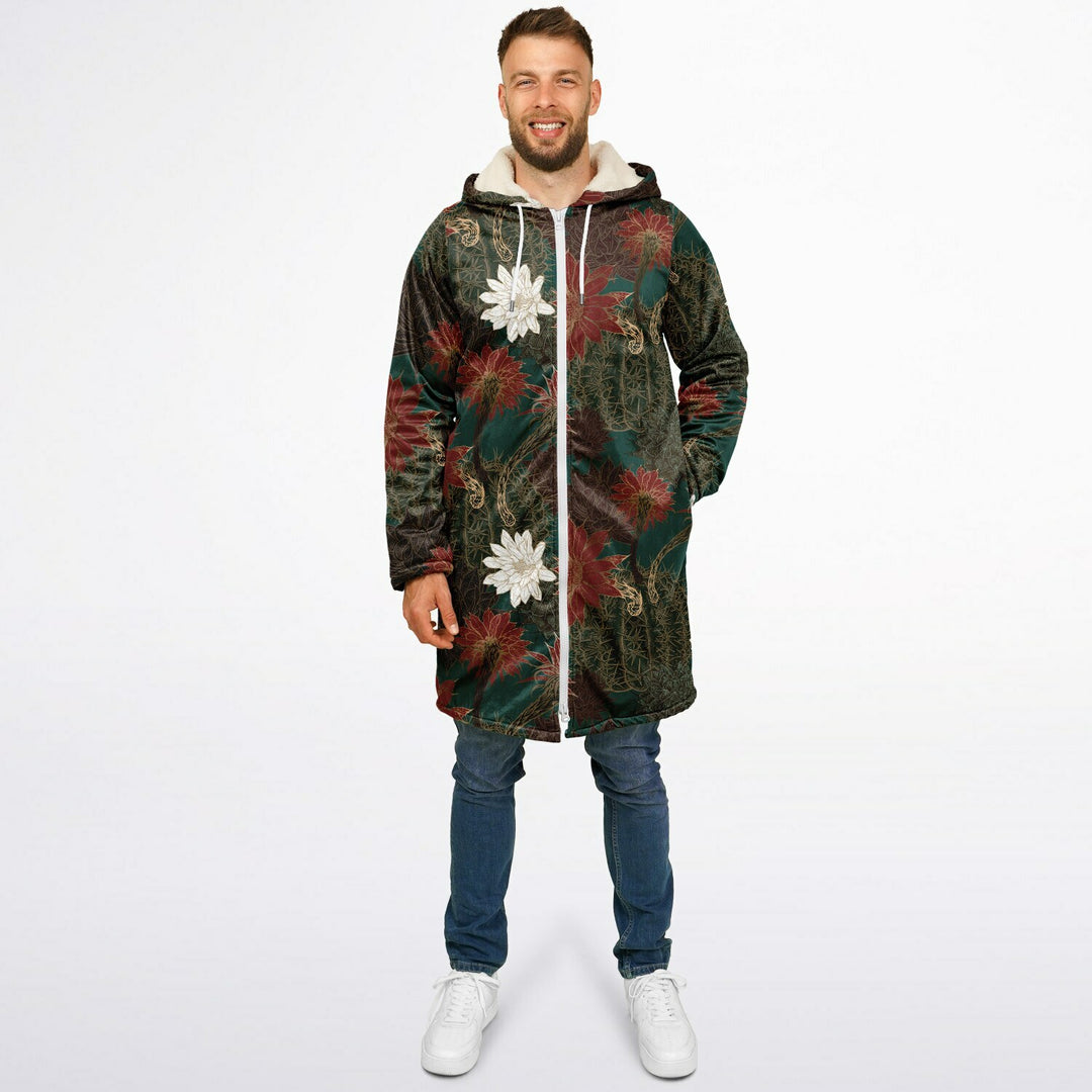 Desert Flowers Carpet Cuddle Coat | Green Red | Unisex Minky Sherpa Lined Coat with Hood, Zipper and Pockets