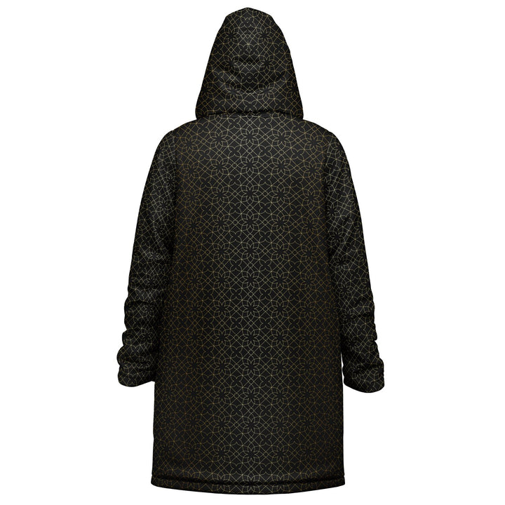 Black and Gold Sacred Geometry Flower Cuddle Coat | Unisex Minky Sherpa Lined Coat with Hood, Zipper and Pockets