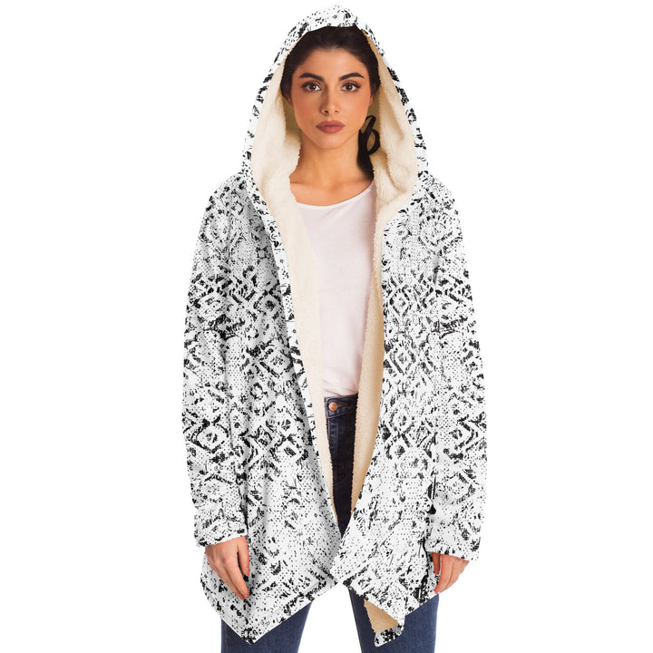 Tribal Fade Cuddle Cloak | Black, White | Unisex Minky Sherpa Hooded Coat | Women and Mens Festival Coat | Mountain Fashion