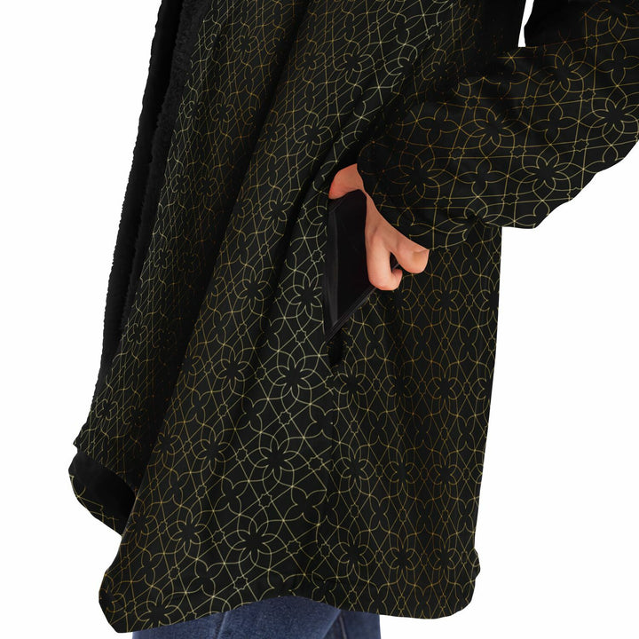 Black and Gold Sacred Geometry Flower Cuddle Cloak | Unisex Minky Sherpa Lined Hooded Coat