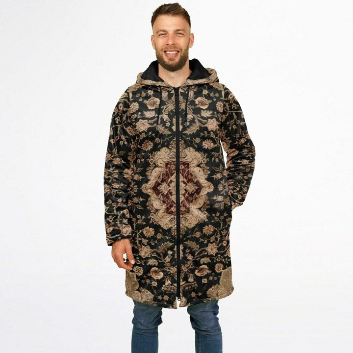 Black and Brown Persian Carpet Cuddle Coat | Unisex Minky Sherpa Lined Coat with Hood, Zipper and Pockets | Women and Mens Festival Coat | Mountain Fashion