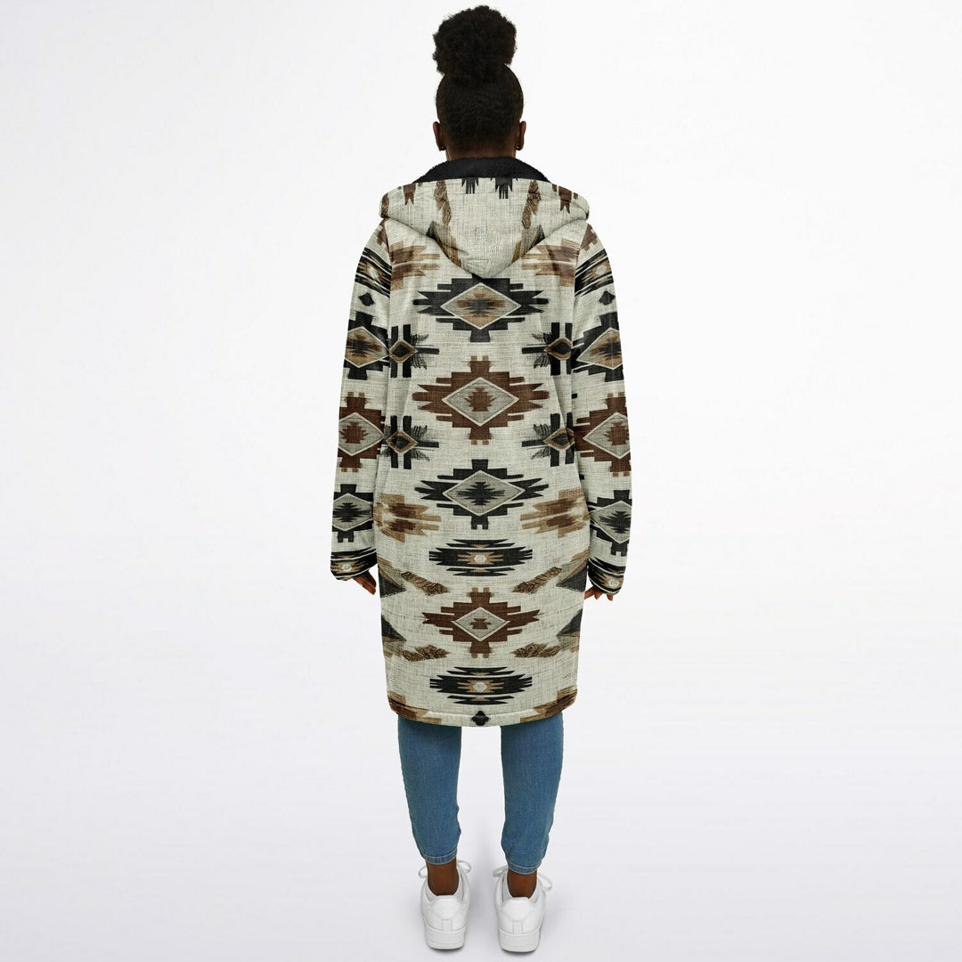 Ganado Tribal Cuddle Coat | Unisex Minky Sherpa Lined Coat with Hood, Zipper and Pockets | Women and Mens Festival Coat | Mountain Fashion