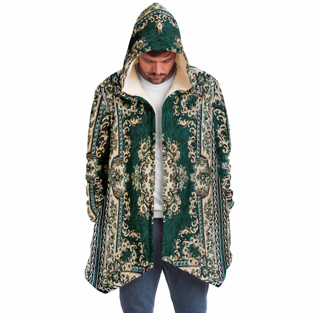 Emerald Green Persian Carpet Cuddle Cloak | Unisex Minky Sherpa Hooded Coat | Women and Mens Festival Coat | Mountain Fashion