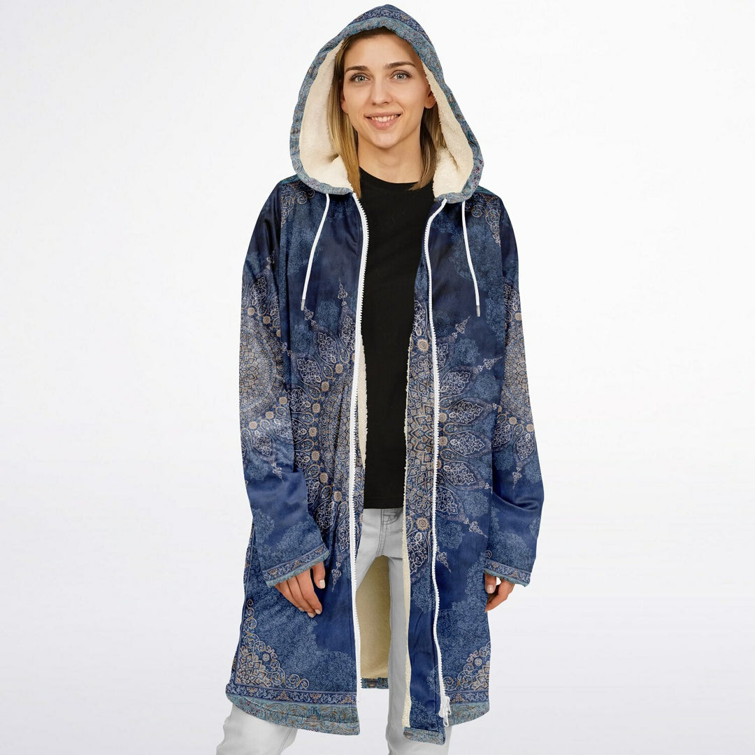 Radial Blue Persian Carpet Cuddle Coat | Unisex Minky Sherpa Lined Coat with Hood, Zipper and Pockets