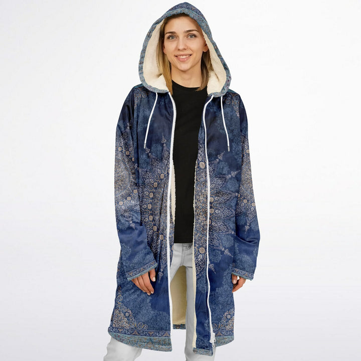 Radial Blue Persian Carpet Cuddle Coat | Unisex Minky Sherpa Lined Coat with Hood, Zipper and Pockets