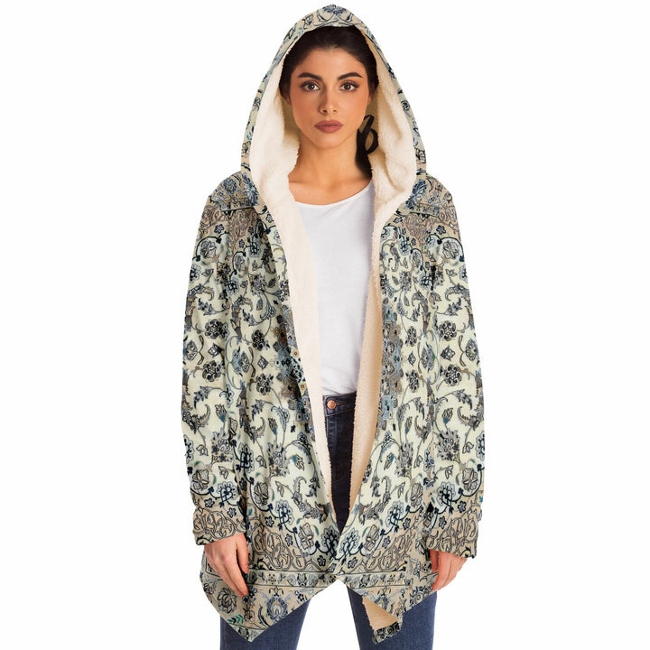 Classic Persian Carpet Cuddle Cloak | Nain, Cream and Soft Blue | Unisex Minky Sherpa Hooded Coat