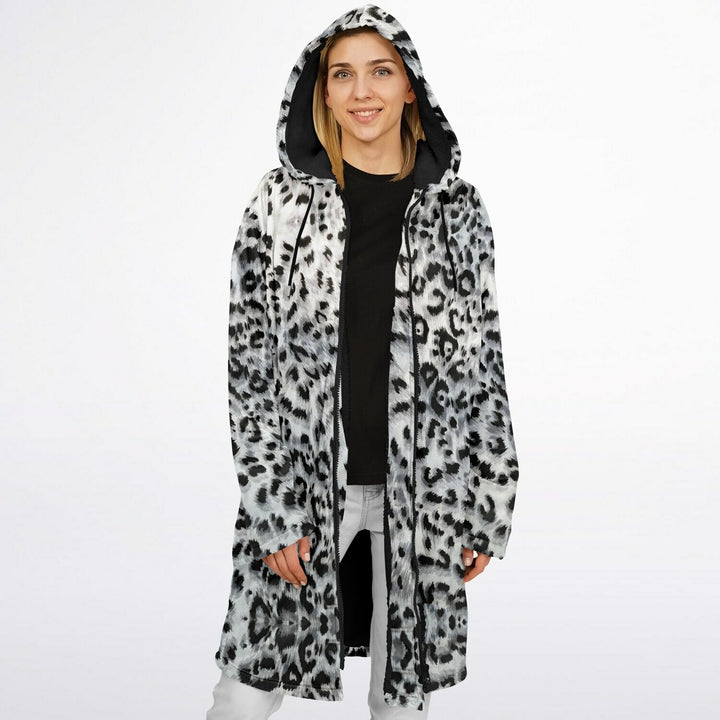 Snow Leopard Cuddle Coat | Unisex Minky Sherpa Lined Coat with Hood, Zipper and Pockets | Women and Mens Festival Coat | Mountain Fashion