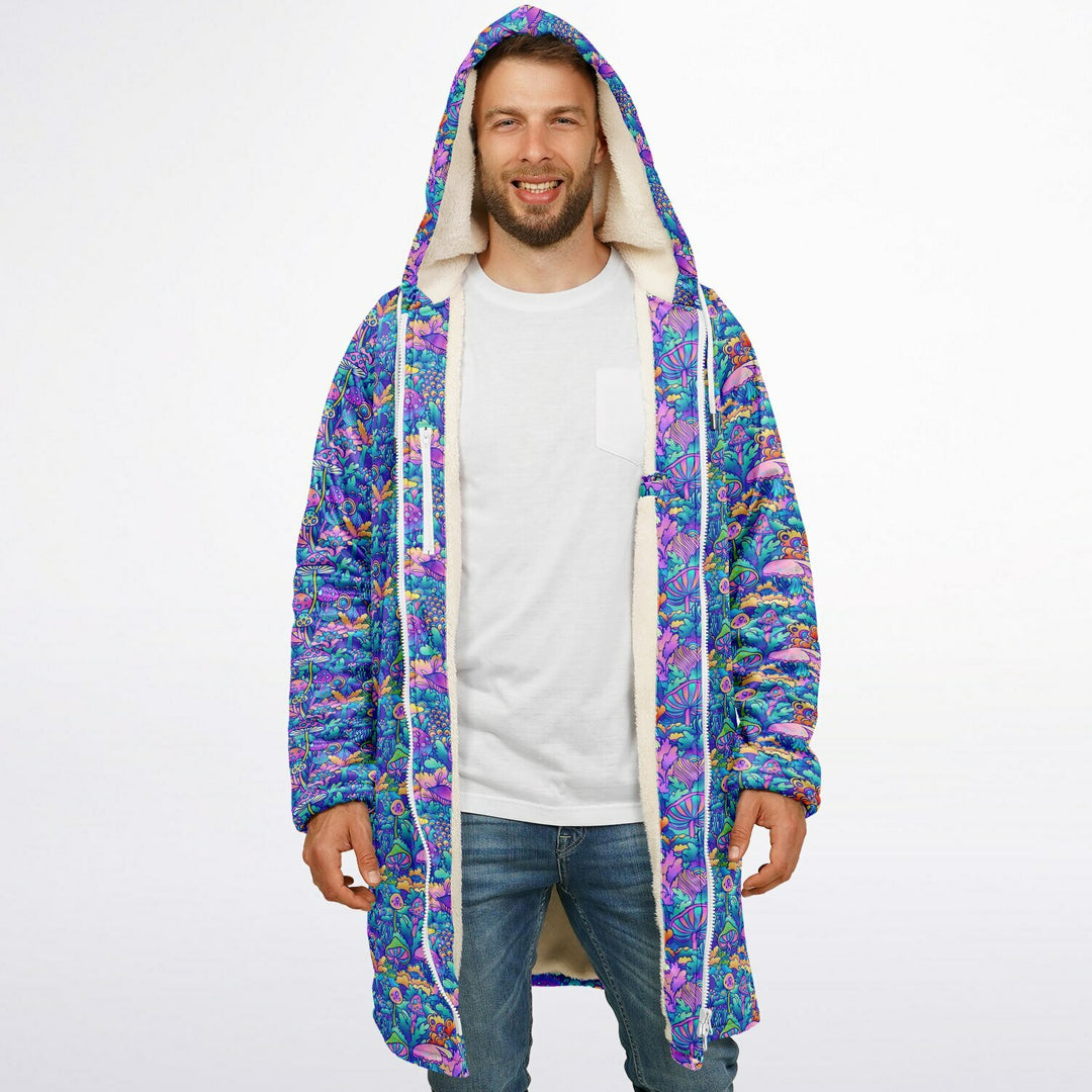 Psychedelic Mushrooms Cuddle Coat | Unisex Minky Sherpa Lined Coat with Hood, Zipper and Pockets