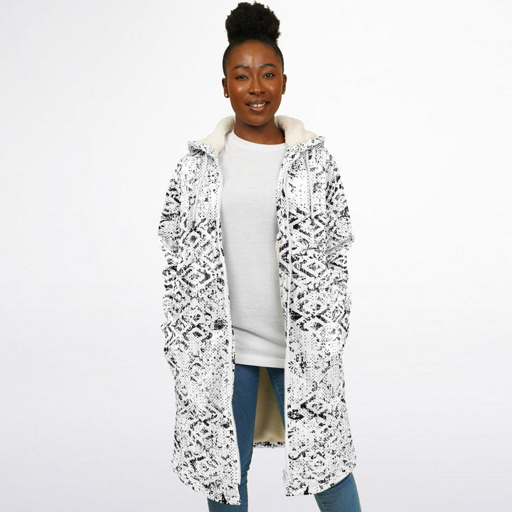 Tribal Fade Cuddle Coat |  Black White | Unisex Minky Sherpa Lined Coat with Hood, Zipper and Pockets