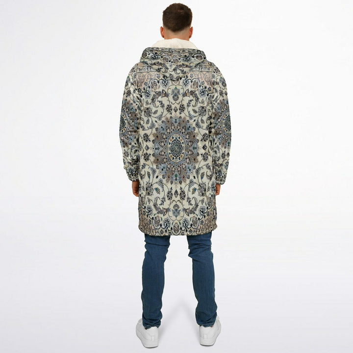 Classic Persian Carpet Cuddle Coat | Nain, Cream and Soft Blue | Unisex Minky Sherpa Lined Coat with Hood, Zipper and Pockets