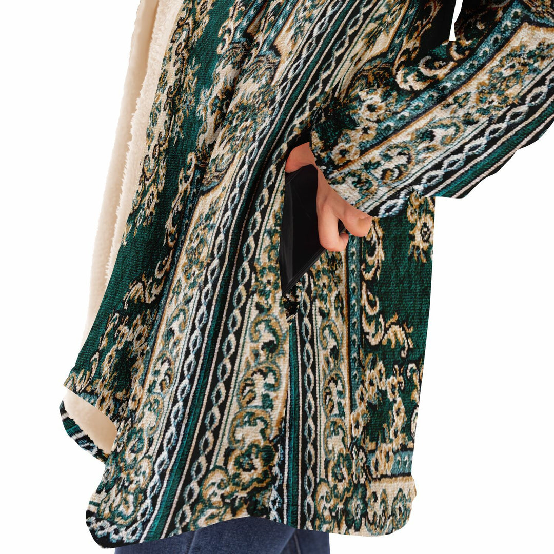 Emerald Green Persian Carpet Cuddle Cloak | Unisex Minky Sherpa Hooded Coat | Women and Mens Festival Coat | Mountain Fashion