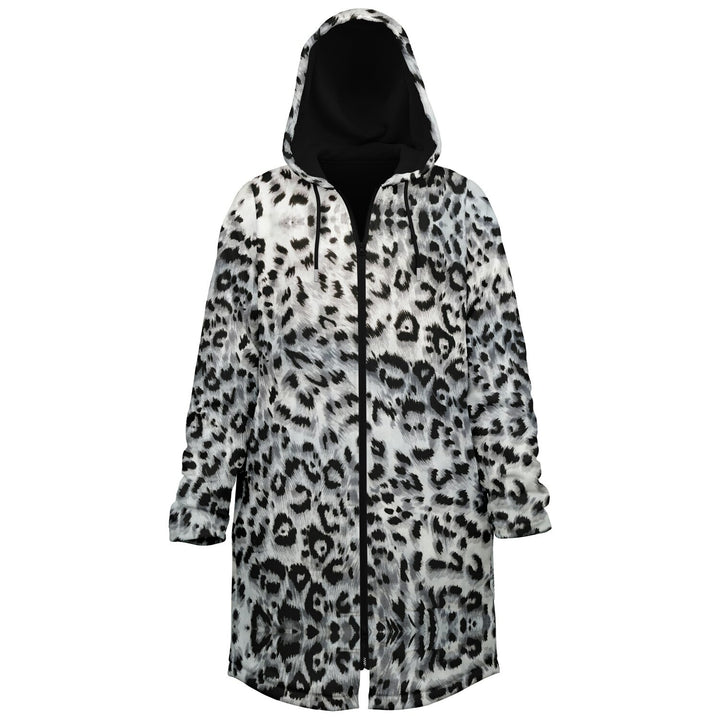 Snow Leopard Cuddle Coat | Unisex Minky Sherpa Lined Coat with Hood, Zipper and Pockets | Women and Mens Festival Coat | Mountain Fashion